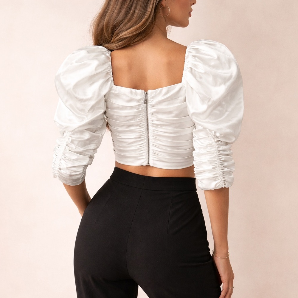 Alice + Olivia White Silk Puff Sleeve Crop Blouse Statement Top Size 4